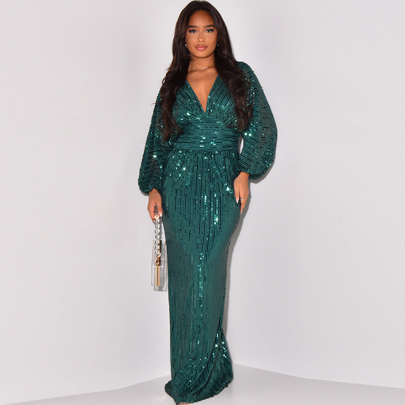 Exposed Sleeve Sequined Long Dress