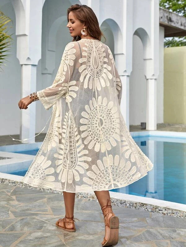Sunflower Lace Embroidered Bikini Cover-Up Cardigan