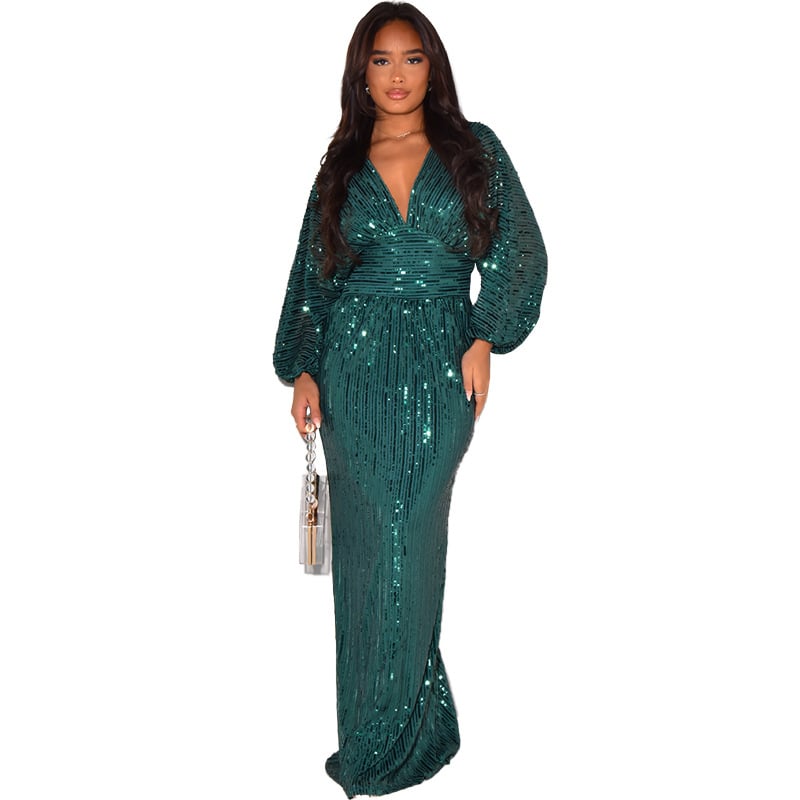 Exposed Sleeve Sequined Long Dress
