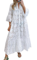 CHARTOU Women Cotton Eyelet Maxi Dress Embroidered Flowy Dress Boho Lace Shirt Dress Summer Tiered Swing A Line Dress (X-Large White)