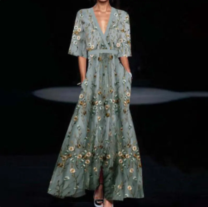 Summer Floral V-Neck Split Long Dress with Belt