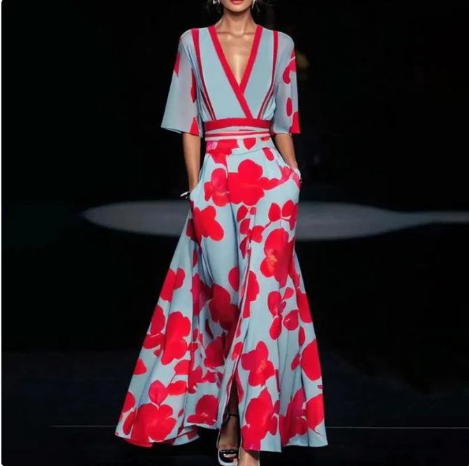 Summer Floral V-Neck Split Long Dress with Belt