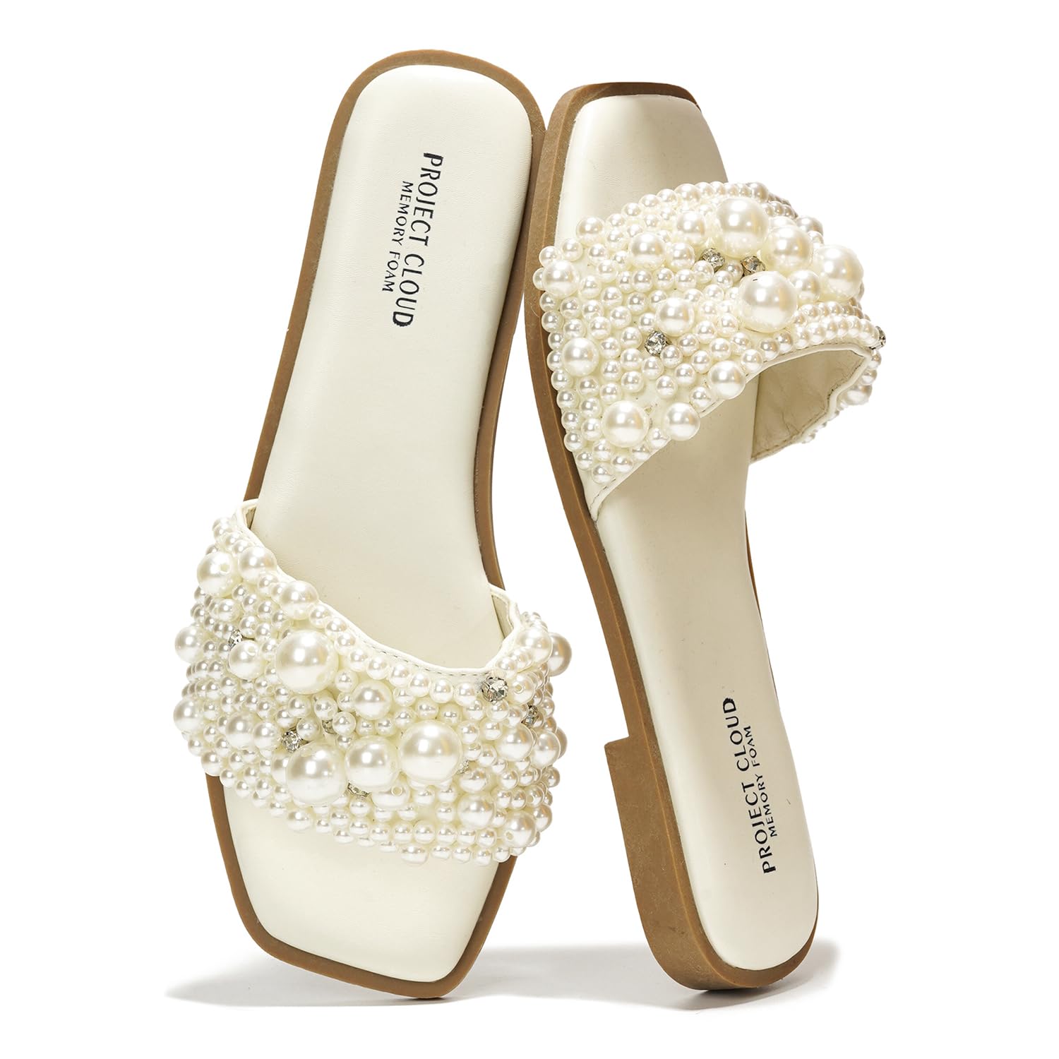 Project Cloud Womens Sandals & Flats Slippers - Rhinestone Sandals for Women 2024 Memory Foam Flats for Women Non-Slip Womens Sandals Slides for Women Footwear Summer Sandals (Rosemary WHIT 5.5)