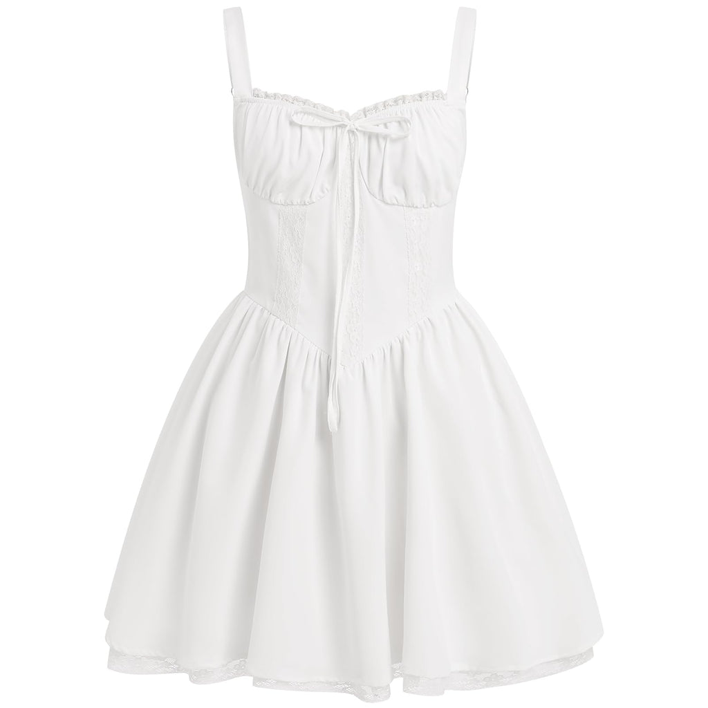 ABEWIP Corset Dresses for Women Spaghetti Straps Short Mini Floral Lace Bustier Dress Summer Boho Sundress White S