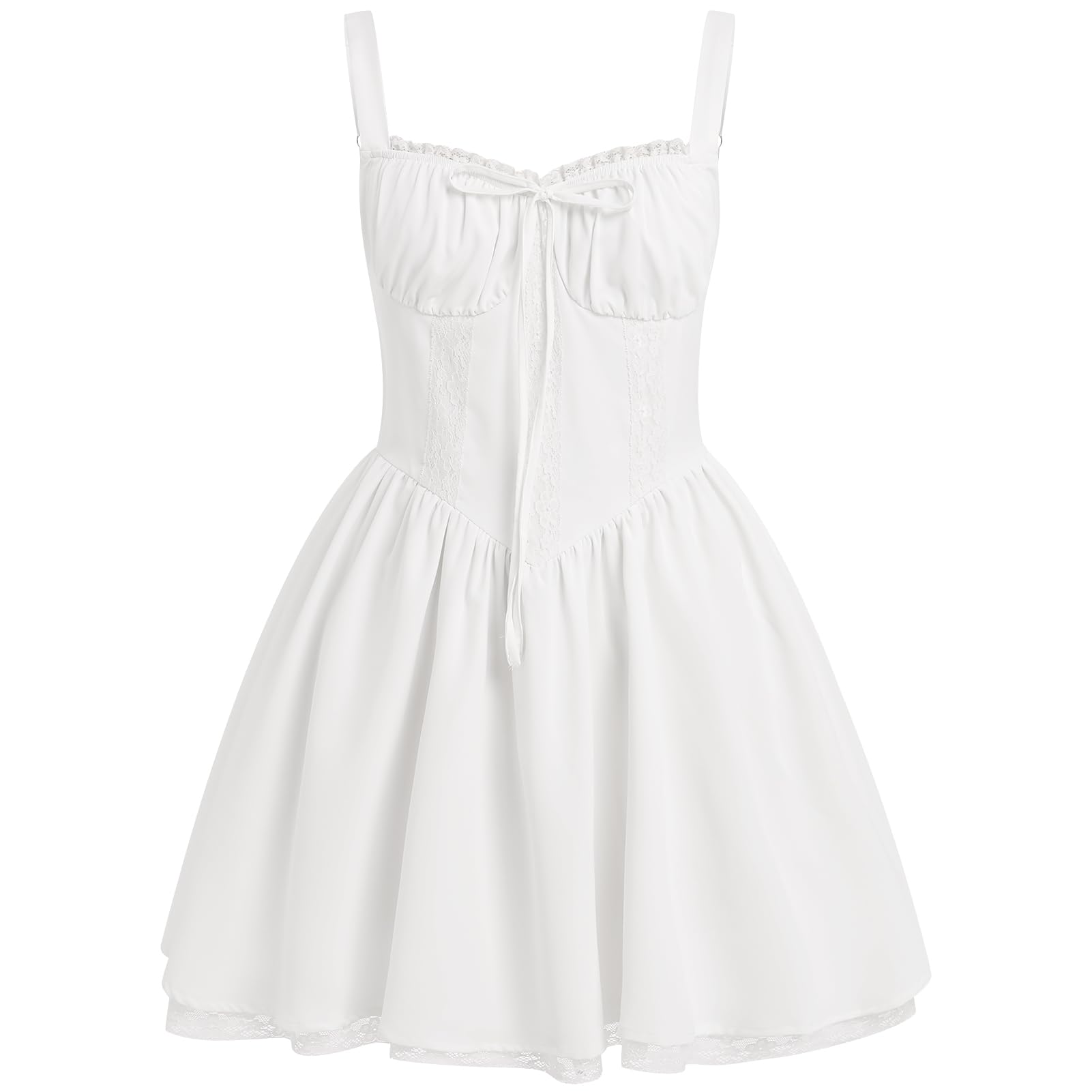 ABEWIP Corset Dresses for Women Spaghetti Straps Short Mini Floral Lace Bustier Dress Summer Boho Sundress White S