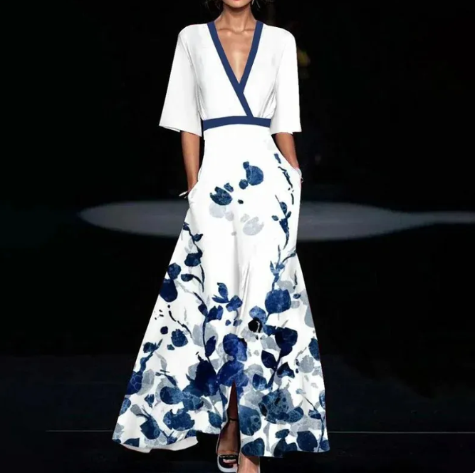 Summer Floral V-Neck Split Long Dress with Belt